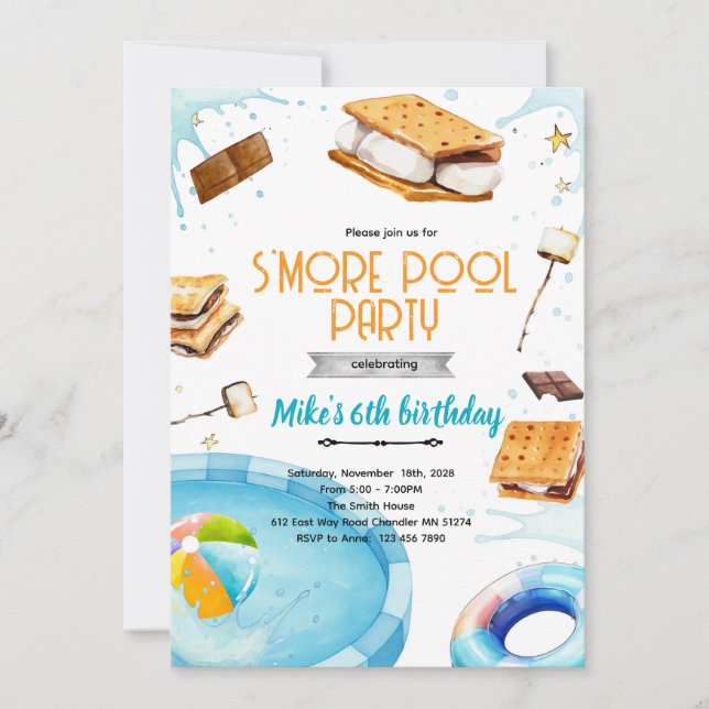 S'more pool birthday party invitation einladung (Vorderseite)