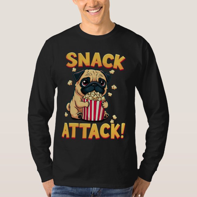 Snack Attack - Mops mit Popcorn-Cartoon T-Shirt (Vorderseite)