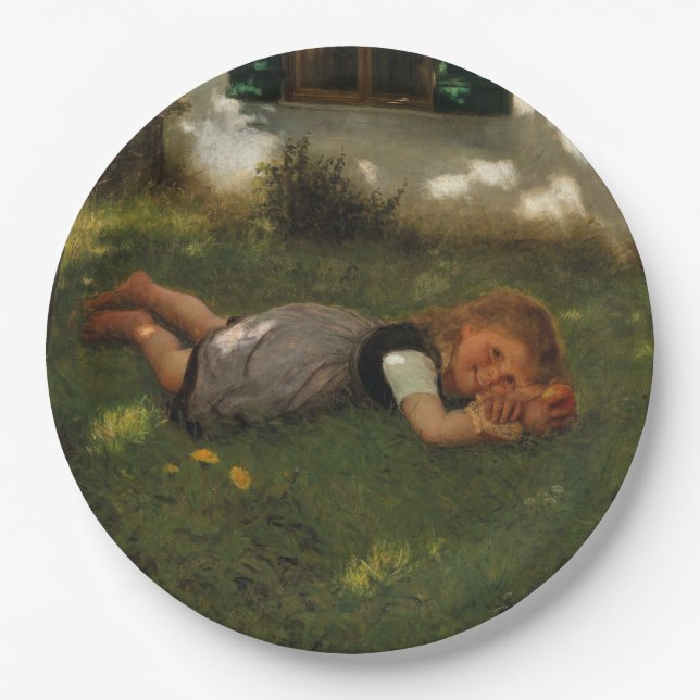 Snack Time (süßes junges Mädchen, das auf dem Gras Pappteller (Vorderseite)