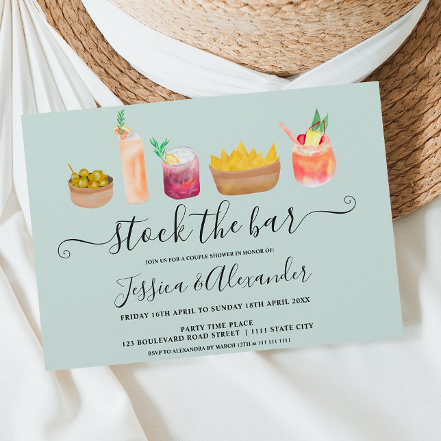Snacks Cocktails Aquarellpaare duschen blau Einladung (Von Creator hochgeladen)