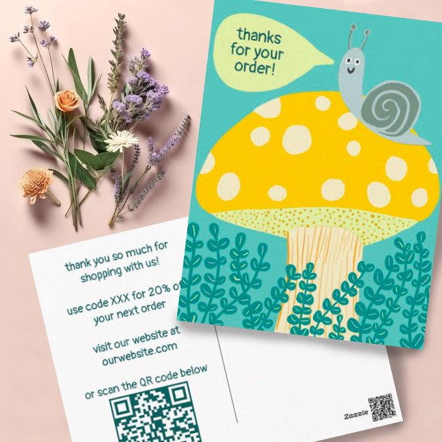 Snail Magical Mushroom CUSTOM Order Danke QR Postkarte (Custom QR Code customer appreciation postcard for including with orders. Snail and magic mushroom!)