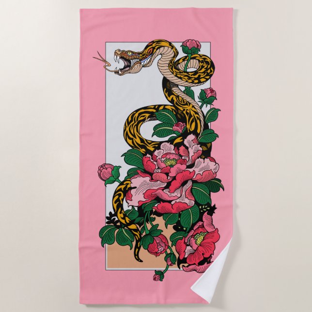 Snake and Peony Flower Strandtuch (Vorderseite)