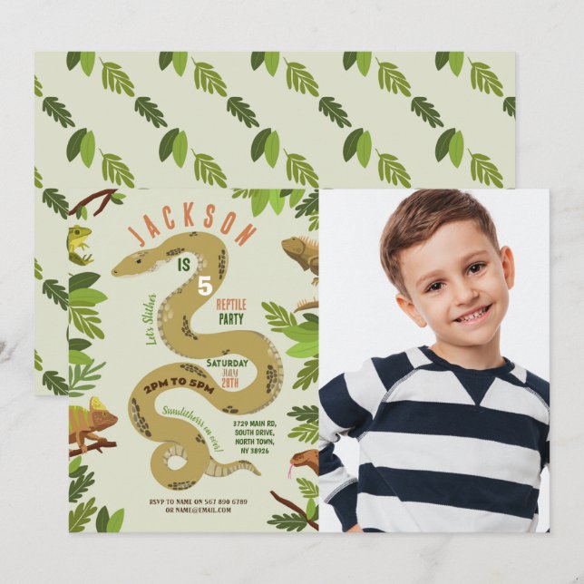 Snake Birthday Party Reptiles Jungle Foto Einladung (Vorne/Hinten)
