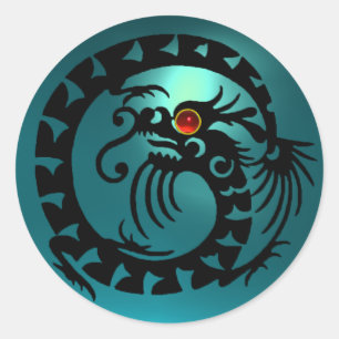 SNAKE DRAGON schwarz, Aquamarine blau, Rot ruby Runder Aufkleber