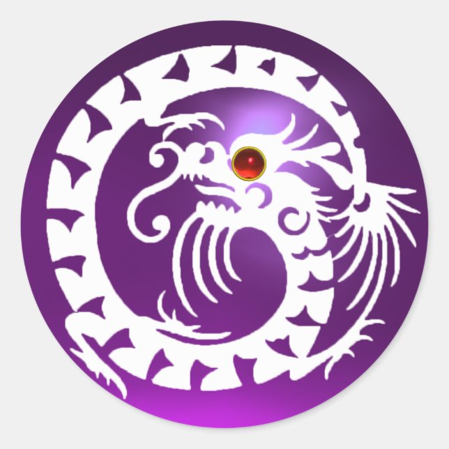 SNAKE DRAGON, weiß, lila Amethyste, rote Ruby Runder Aufkleber (Vorderseite)