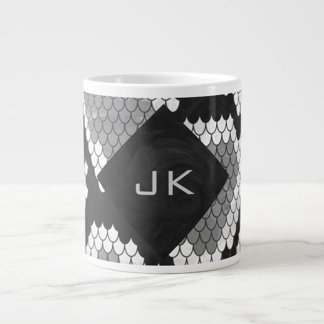 Snakeskin, grau, weiß und schwarz Mit Monogramm Jumbo-Tasse (Vorderseite)