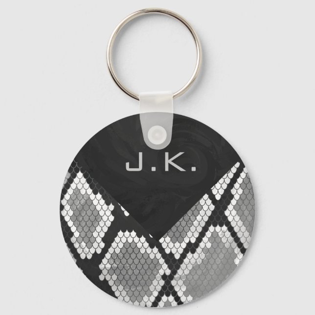 Snakeskin Gray, White, and Black Monogrammed Schlüsselanhänger (Vorderseite)