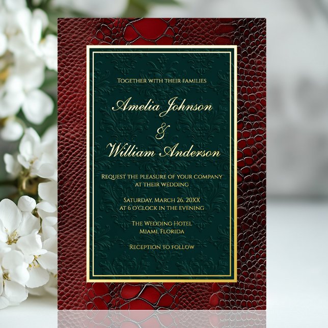 Snakeskin Leather Viktorianisch Red Dark Green Wed Folieneinladung (Snakeskin Leather Victorian Red Dark Green Wedding Foil Invitation)