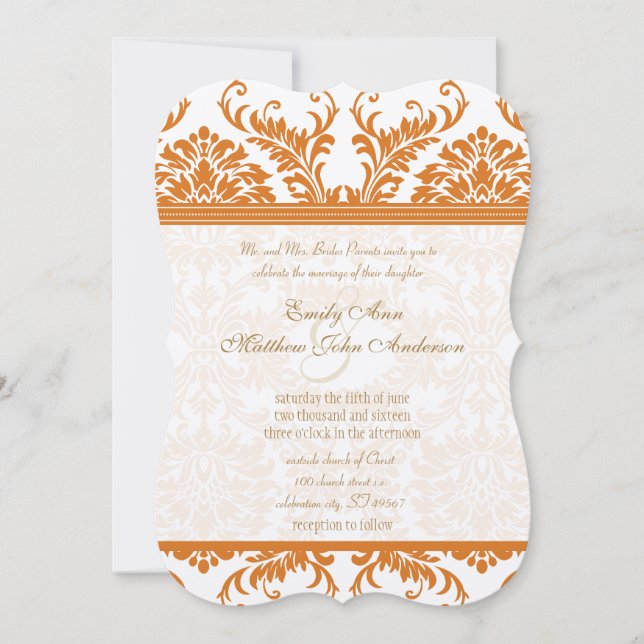 Snapdragon Coral & Ivory Damask Wedite Einladung (Vorderseite)
