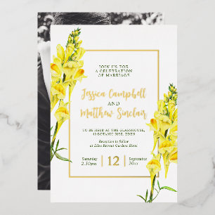 Snapdragon gelbe Blumen und goldene Sommerhochzeit Folieneinladung