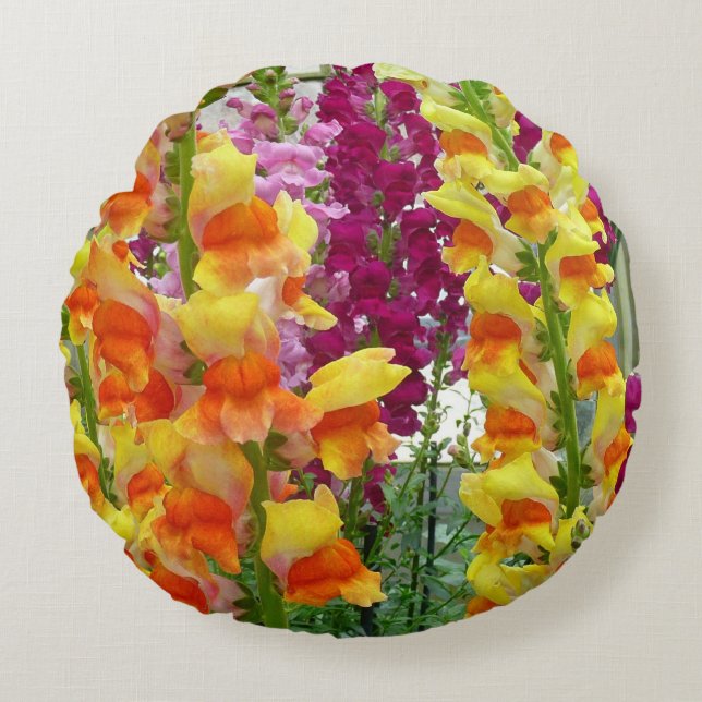 Snapdragons farbenfrohe Blüte Rundes Kissen (Vorderseite)