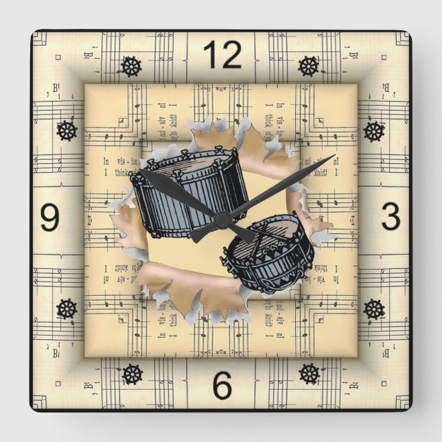 Snare Drums~Breaking through~Strange Sheet Music~ Quadratische Wanduhr (Vorderseite)