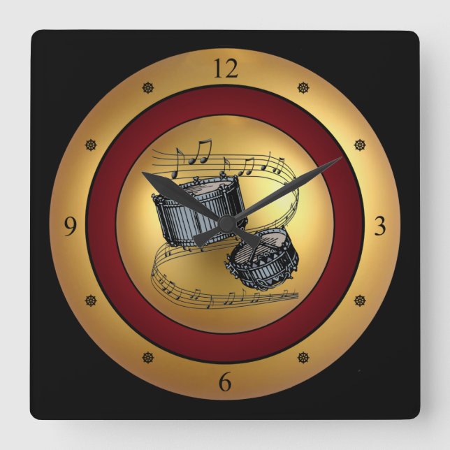 Snare Drums ~ Musical Scroll ~ Gold/Maroon/Black ~ Quadratische Wanduhr (Vorderseite)
