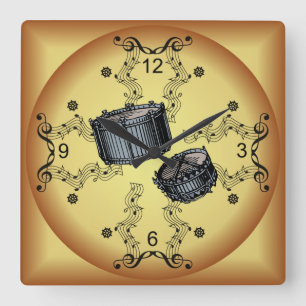 Snare Drums ~ Musical Scroll ~ Goldener Hintergrun Quadratische Wanduhr