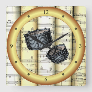 Snare Drums ~ Rolled Sheet Music ~ Gold Ring ~ * ~ Quadratische Wanduhr