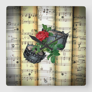 Snare Drums & Rose ~ Blatt Music ~ Quadratische Wanduhr