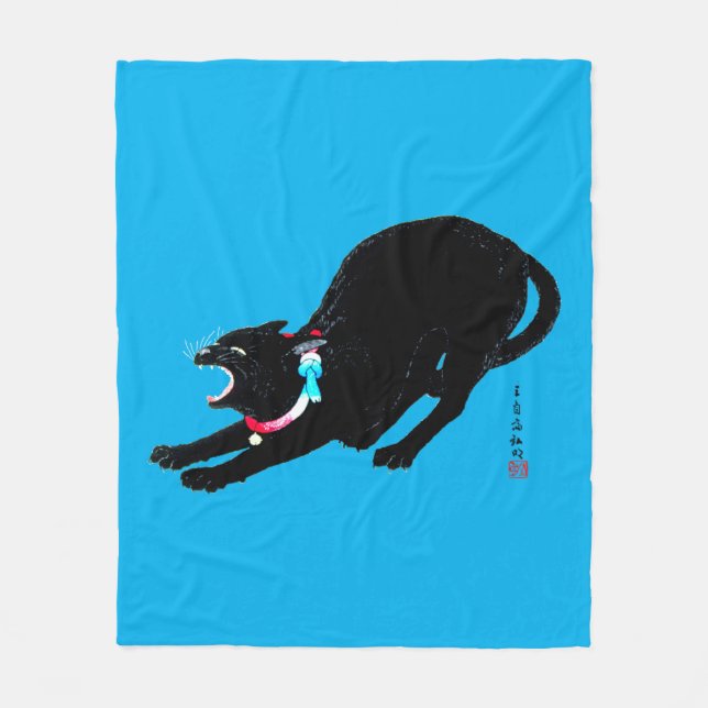 Snarling Hissing Black Japanese Cat Fleecedecke (Vorderseite)