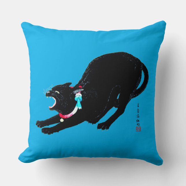 Snarling Hissing Black Japanese Cat Kissen (Vorderseite)