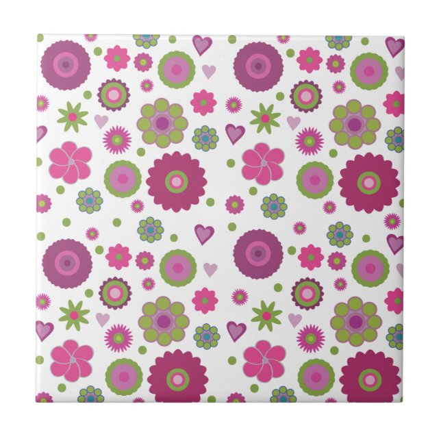 Snazzy Purple and Green Flower Pattern on White Fliese (Vorderseite)