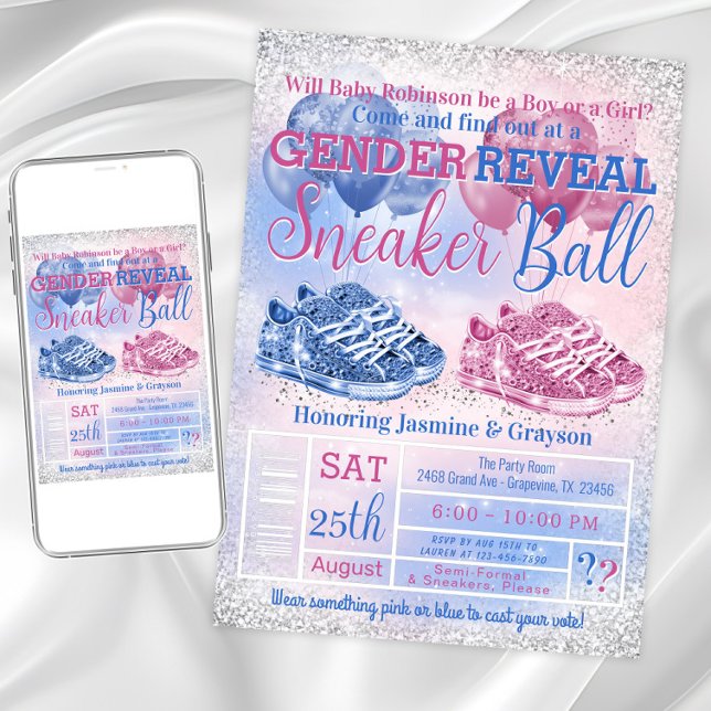 Sneaker Ball Gender Reveal Baby Dusche Einladung (Sneaker ball gender reveal invitation. Instant download and printed invitations available.)