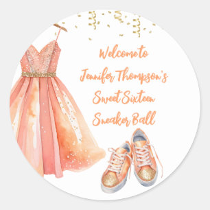 Sneaker Ball Sweet 16 Pfirsich & Gold Glitter Runder Aufkleber