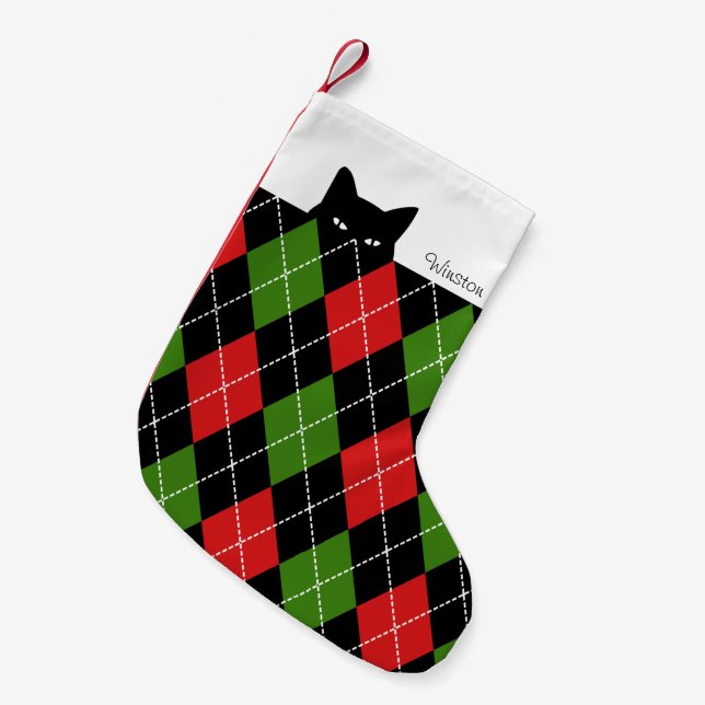 Sneaky Cat Raute Red Green Black Kleiner Weihnachtsstrumpf (Vorderansicht (hängend))