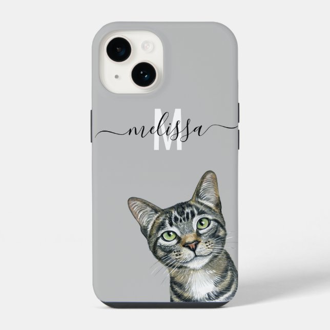 Sneaky Peeking Cat  Monogramm Name iPhone 14 Hülle (Rückseite)
