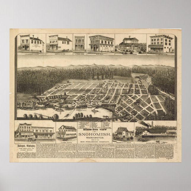 Snohomish Washington 1890 Antike Panoramakarte Poster (Vorne)