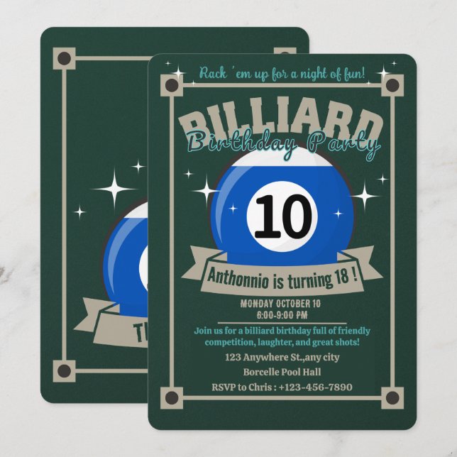Snooker Invitation Pool Anniversaire Fête Billard  (Devant / Derrière)