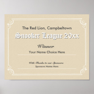 Snooker-Wettbewerb Gewinner's Certificate Poster