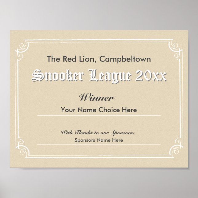 Snooker-Wettbewerb Gewinner's Certificate Poster (Vorne)
