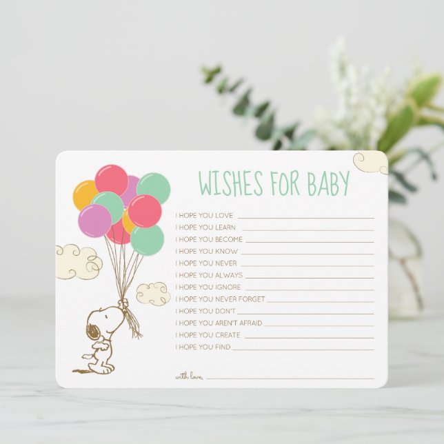 Snoopy and Balloons Babydusche Wünsche für Baby Mitteilungskarte (Stehend Vorderseite)