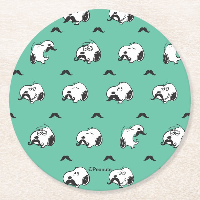Snoopy Mustaches & Teal Pattern Runder Pappuntersetzer (Vorderseite)