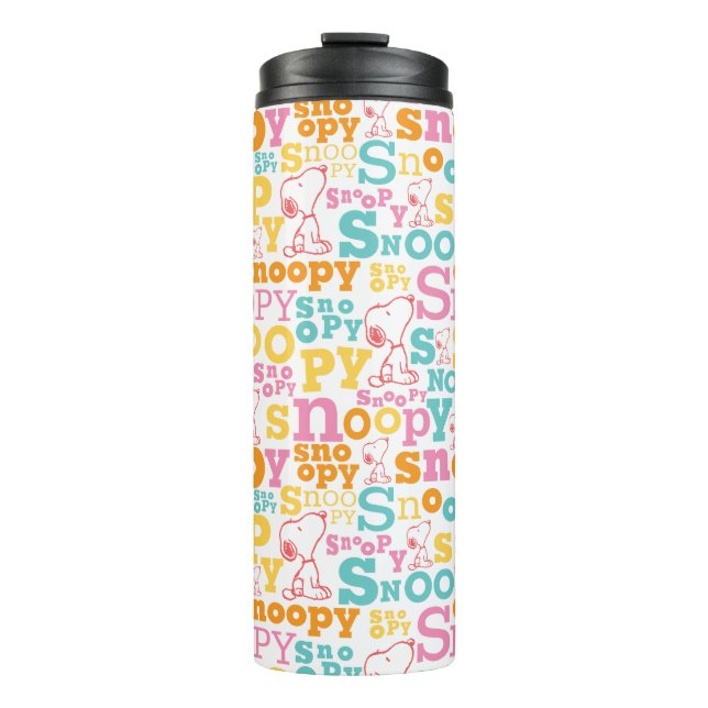 Snoopy Pastel Textmuster Thermosbecher (Vorderseite)