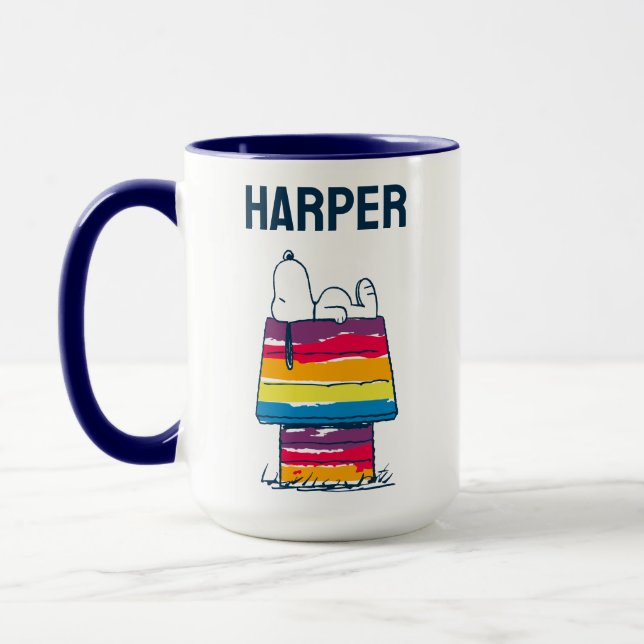 Snoopy | Rainbow Dog House | Name hinzufügen Tasse (Links)