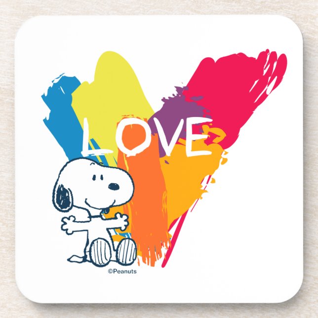 Snoopy | Rainbow Love Heart Getränkeuntersetzer (Vorderseite)