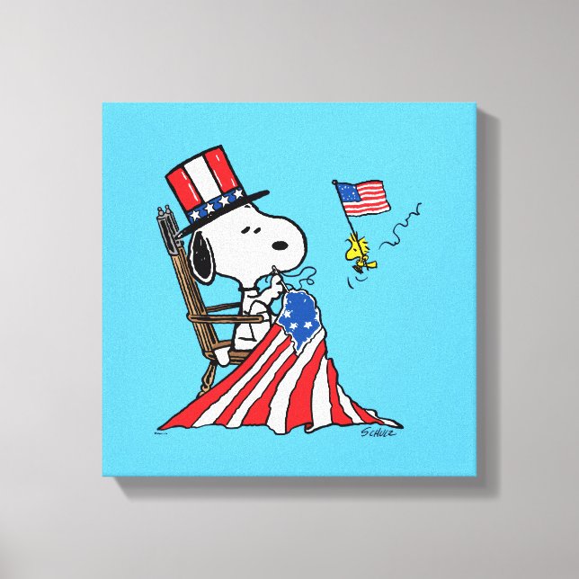 Snoopy Sewing 4. Juli Flagge Leinwanddruck (Vorderseite)