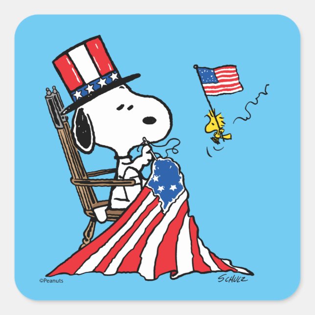 Snoopy Sewing 4. Juli Flagge Quadratischer Aufkleber (Vorderseite)