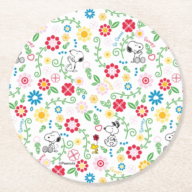 Snoopy So Sweet Flower Pattern Runder Pappuntersetzer (Vorderseite)