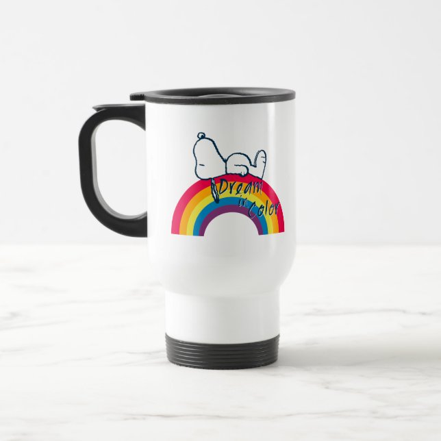Snoopy | Traum in farbigem Regenbogen Reisebecher (Links)