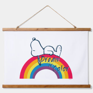 Snoopy   Traum in farbigem Regenbogen Wandteppich Mit Holzrahmen