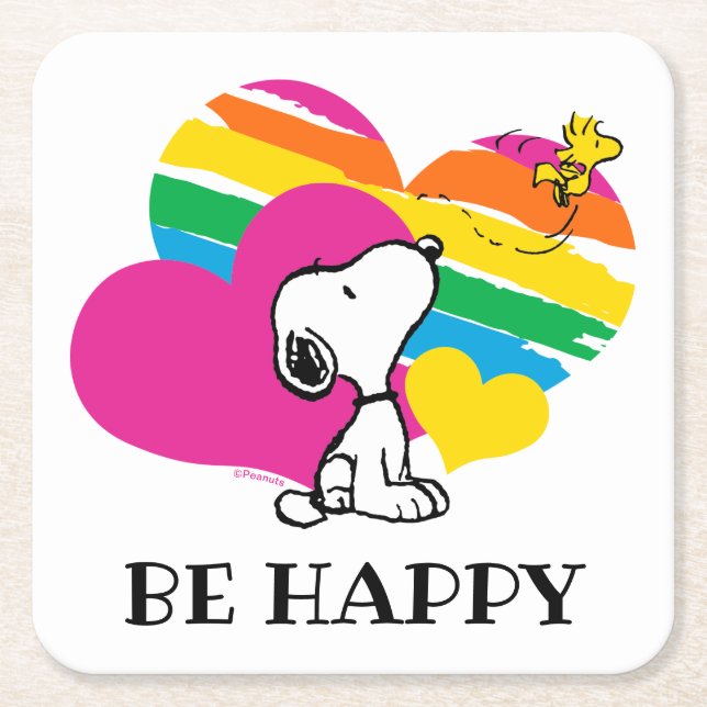 Snoopy und Holz | Rainbow Hearts Rechteckiger Pappuntersetzer (Vorderseite)