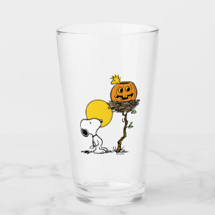 Snoopy und Holznest mit Jack O' Lantern Glas