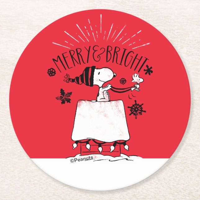 Snoopy und Woodstock - Merry & Bright Runder Pappuntersetzer (Vorderseite)