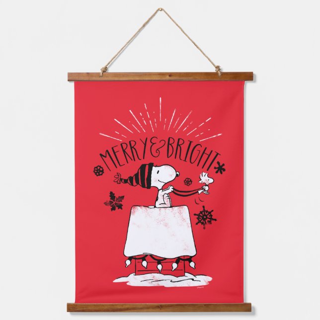 Snoopy und Woodstock - Merry & Bright Wandteppich Mit Holzrahmen (Vorderseite)