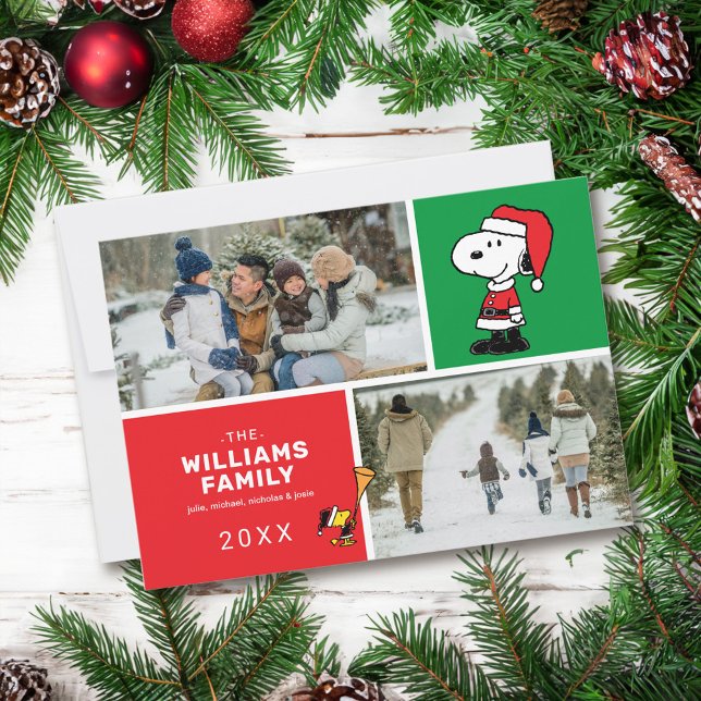 Snoopy Weihnachtsfamilie FotoCollage Feiertagskarte (Card on table)