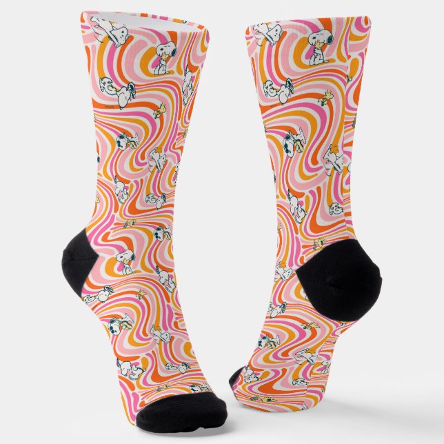 Snoopy & Woodstock Groovy Vibes Orange Muster Socken (Gewinkelt)