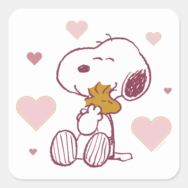 Snoopy & Woodstock - Liebe ist Schnurrbart & Cuddl Quadratischer Aufkleber (Vorderseite)