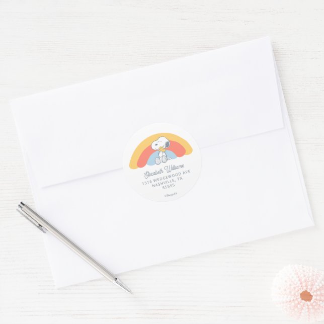 Snoopy & Woodstock Rainbow Baby Shower Classic Rou Runder Aufkleber (Umschlag)