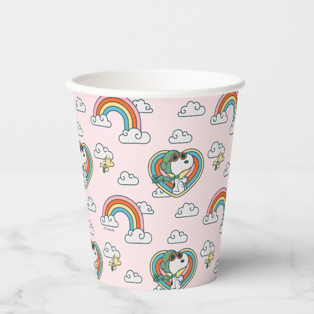 Snoopy & Woodstock Regenbogen Herzmuster Pappbecher (Vorderseite)